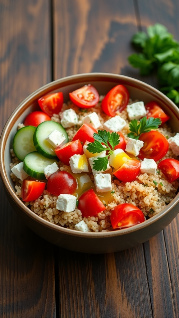 A vibrant Mediterranean quinoa bowl with quinoa, chickpeas, tomatoes, cucumbers, and feta cheese, garnished with parsley.
